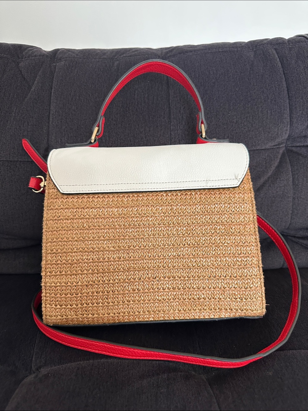 Dune London White & Red Straw Top-Handle Satchel - Picture 3 of 6